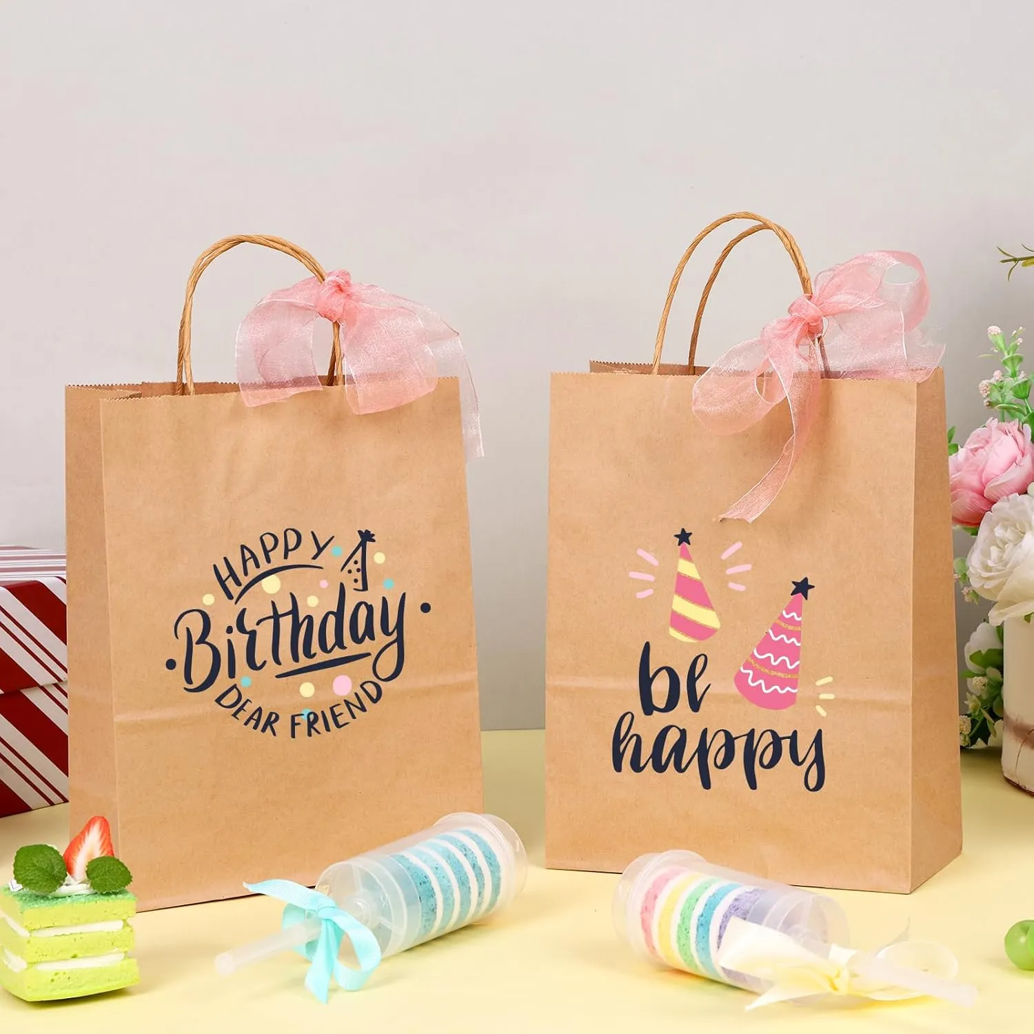 OUTUXED 35pcs Gift Bags, Brown Paper Bags with Handles, 7.1x3.6x9.3in Medium Size Kraft Paper Bags for Retail, Gift Wrapping, and Shopping