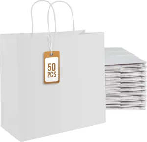 PAICUIKE 50Pcs White Paper Bags with Handles, Large 11x6x11 Inch Kraft Shopping Bags for Retail, Gift Packaging, Parties, Weddings, Birthdays, Baking