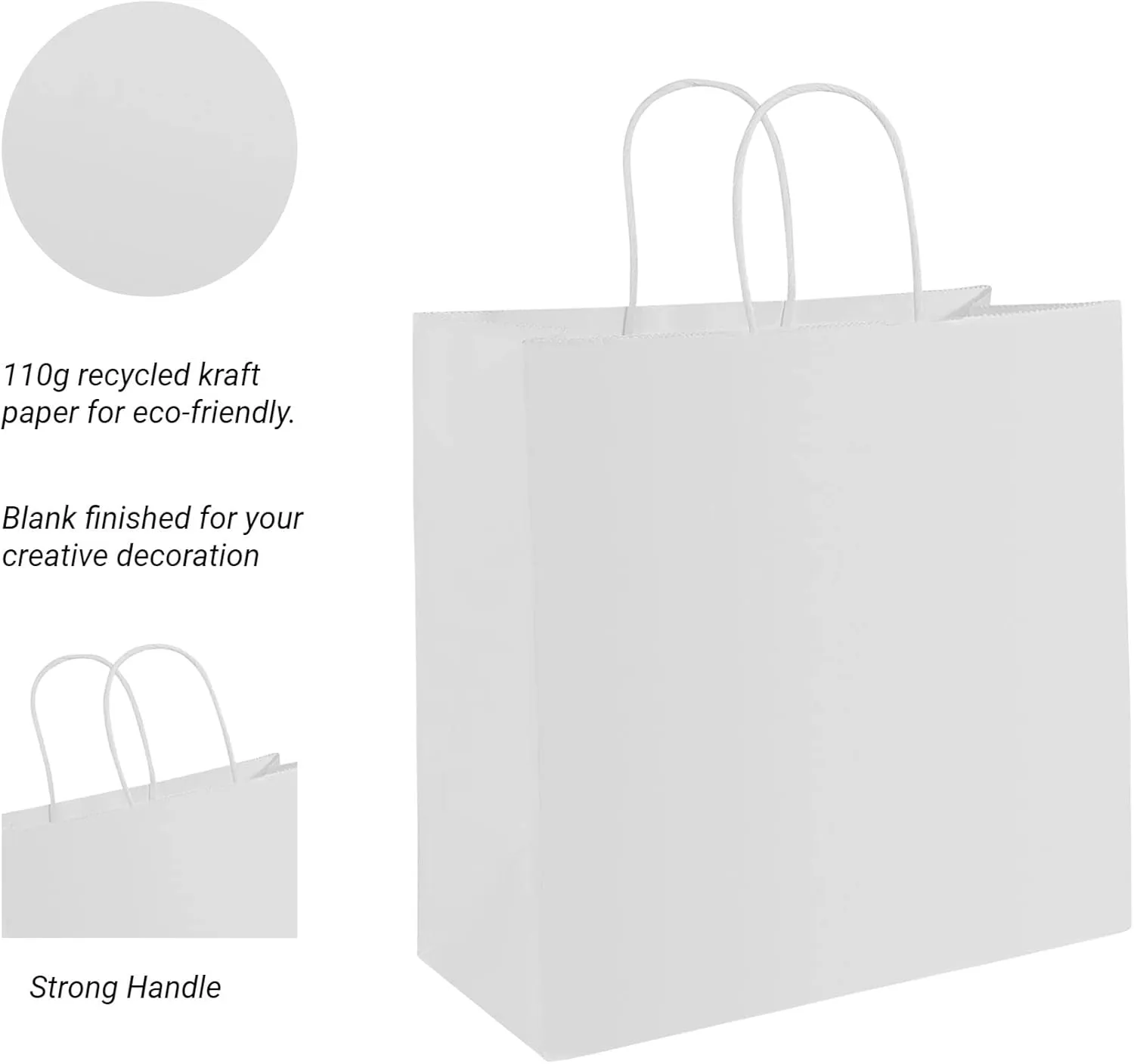 PAICUIKE 50Pcs White Paper Bags with Handles, Large 11x6x11 Inch Kraft Shopping Bags for Retail, Gift Packaging, Parties, Weddings, Birthdays, Baking