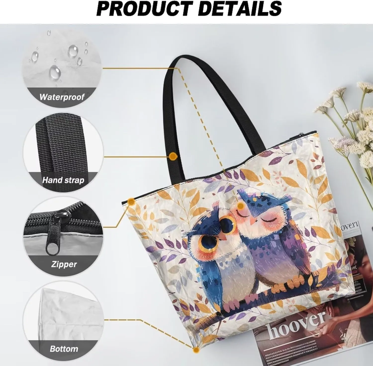 Paper Bag Shoulder Bag with Zippers, Butterfly Flowers Lightweight Large Shopping Beach Totes Bags Book Tote