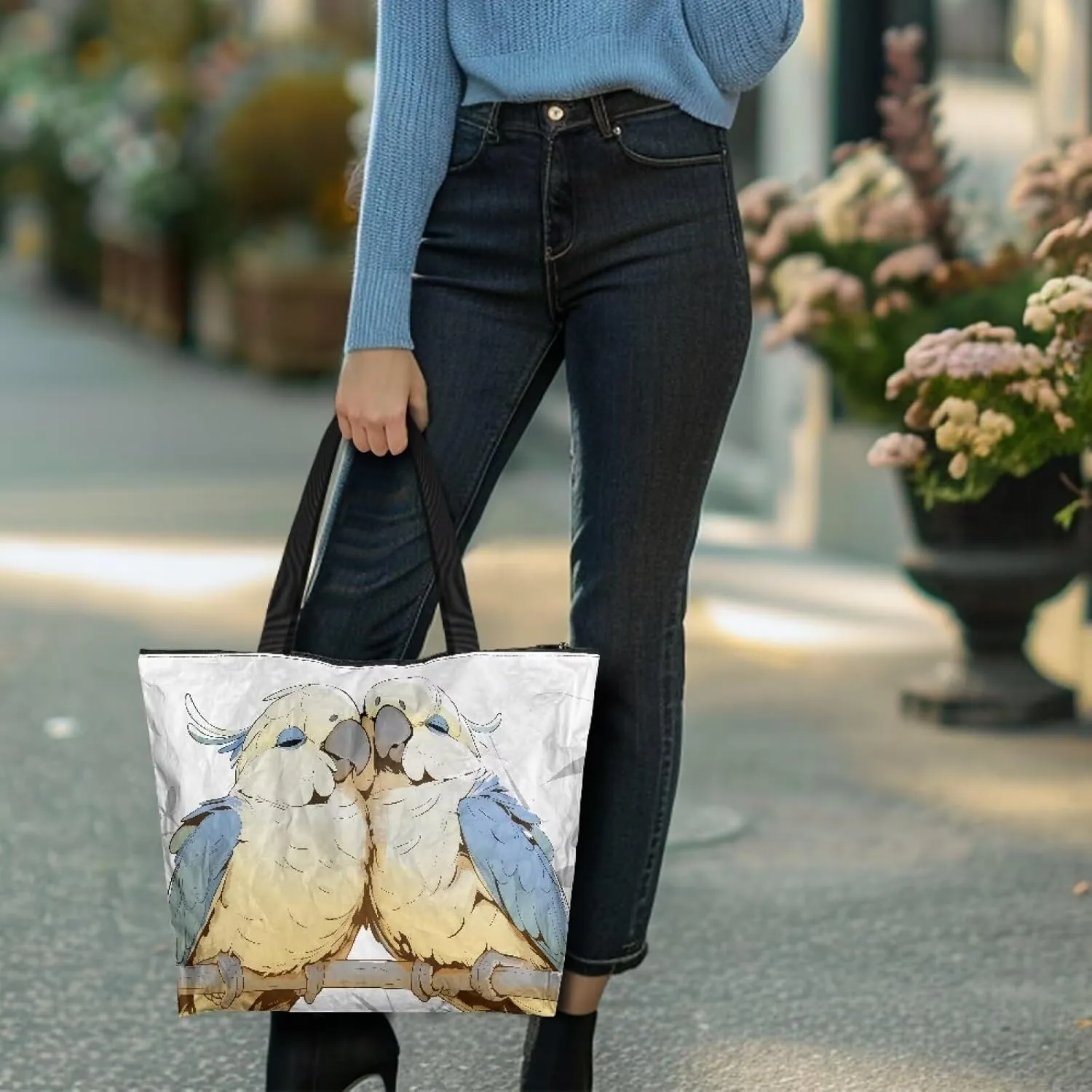 Paper Bag Shoulder Bag with Zippers, Butterfly Flowers Lightweight Large Shopping Beach Totes Bags Book Tote