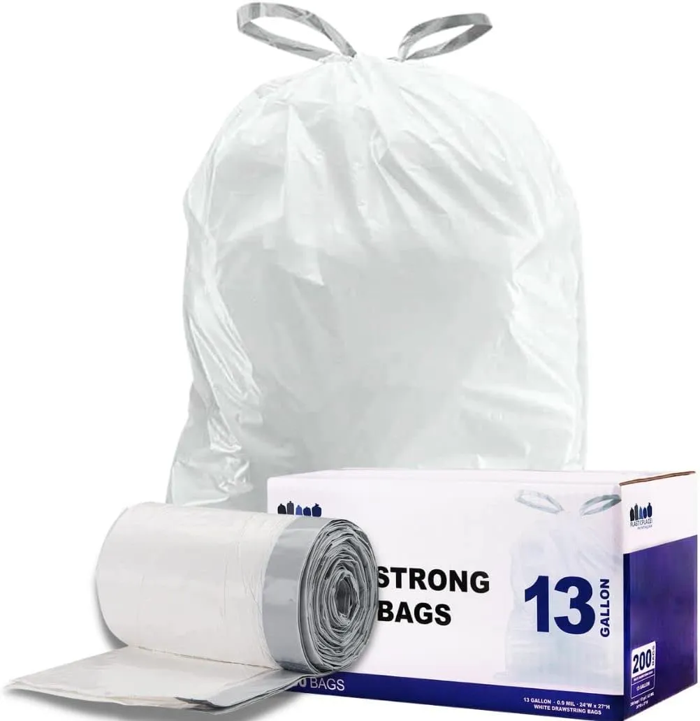 Plasticplace 13 Gallon Trash Bags  1.2 Mil  White Drawstring Garbage Can Liners  24" x 31", 200 Count (Pack of 1)