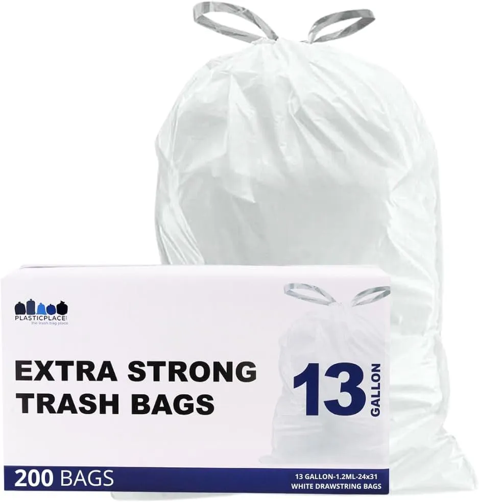 Plasticplace 13 Gallon Trash Bags  1.2 Mil  White Drawstring Garbage Can Liners  24" x 31", 200 Count (Pack of 1)