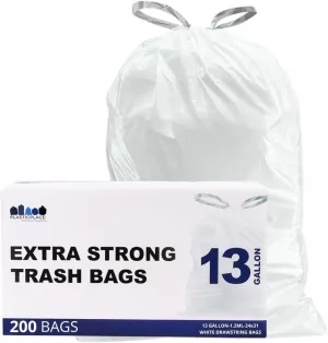 Plasticplace 13 Gallon Trash Bags  1.2 Mil  White Drawstring Garbage Can Liners  24" x 31", 200 Count (Pack of 1)