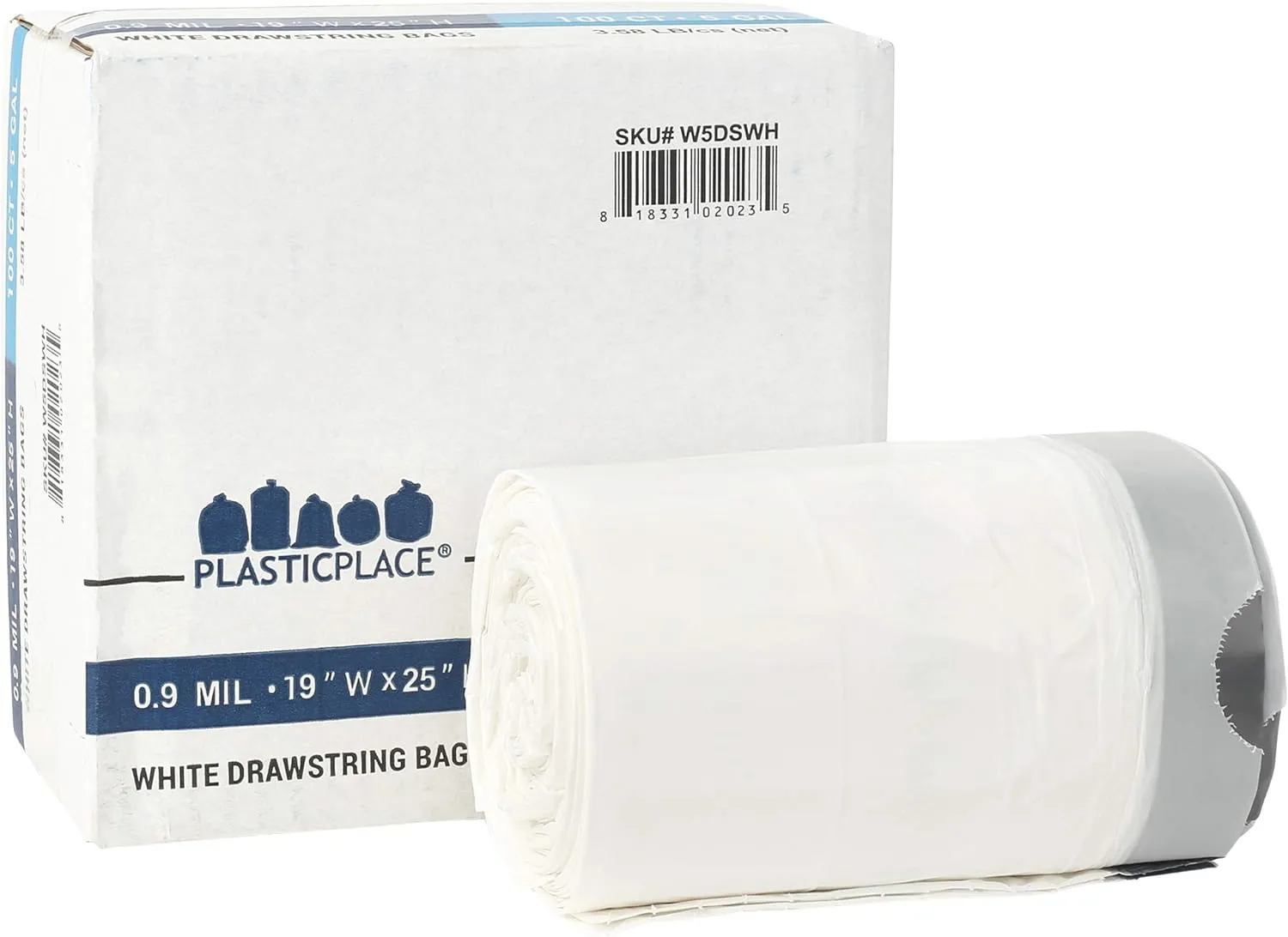 Plasticplace Trash Bags - 5 Gallon Garbage Bag Liners WhiteExtra Thick 0.9 MiL, Sturdy Drawstring Placement19" X 25" Size (100 Count)