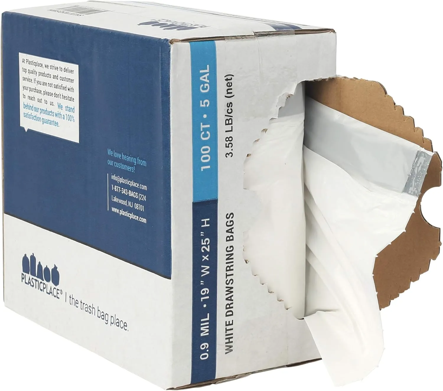 Plasticplace Trash Bags - 5 Gallon Garbage Bag Liners WhiteExtra Thick 0.9 MiL, Sturdy Drawstring Placement19" X 25" Size (100 Count)