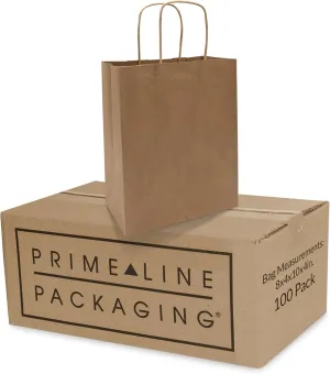 Prime Line Packaging Brown Paper Bags with Handles, Kraft Gift for Small Business, Shopping, Retail Store, Boutique, Christmas, Bulk, 8x4x10, 100 Pack