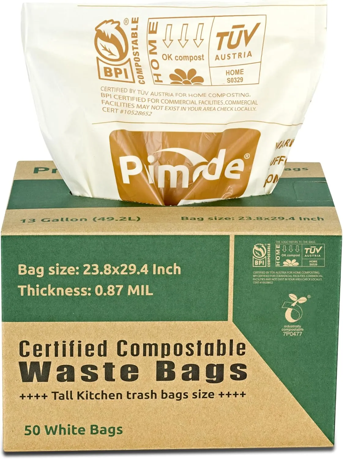 Primode Compostable Bags, 13 Gallon Food Scraps Yard Waste Bags, 50 Count, Extra Thick 0.87 Mil. ASTMD6400 Compost Bags Small Kitchen Trash Bags, Certified By BPI And TV AUSTRIA