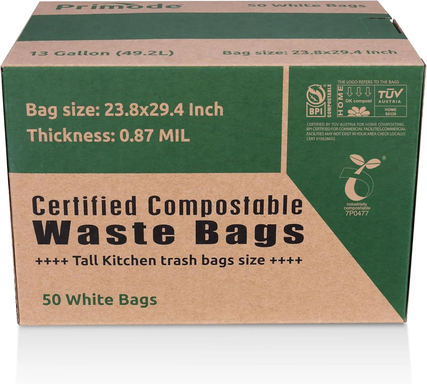 Primode Compostable Bags, 13 Gallon Food Scraps Yard Waste Bags, 50 Count, Extra Thick 0.87 Mil. ASTMD6400 Compost Bags Small Kitchen Trash Bags, Certified By BPI And TV AUSTRIA