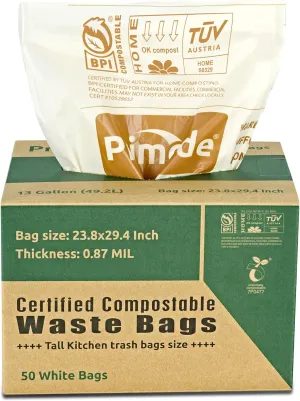Primode Compostable Bags, 13 Gallon Food Scraps Yard Waste Bags, 50 Count, Extra Thick 0.87 Mil. ASTMD6400 Compost Bags Small Kitchen Trash Bags, Certified By BPI And TV AUSTRIA