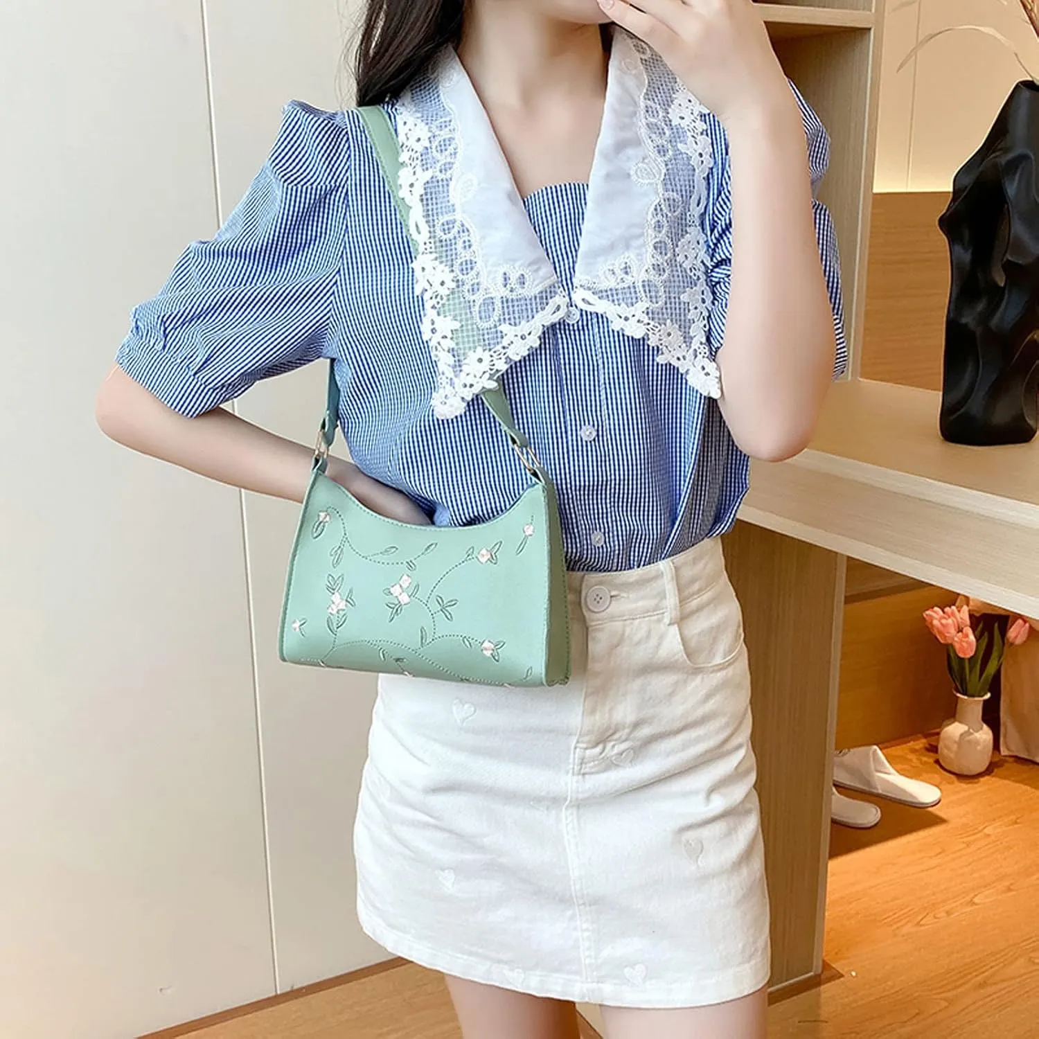 Puffer Tote Bag Mini Artificial Leather Embroidery Underarm Bag Phone Bag Shoulder Bag Messenger Bag For Shopping