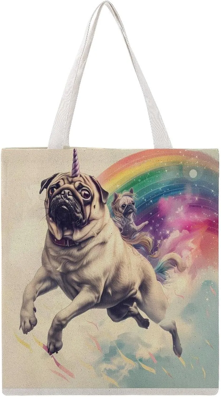 Pug Riding Unicorns Dog Funny Rainbow Canvas Tote Bag Casual Handbags Grocery Shopping Purses Work Bag for Women