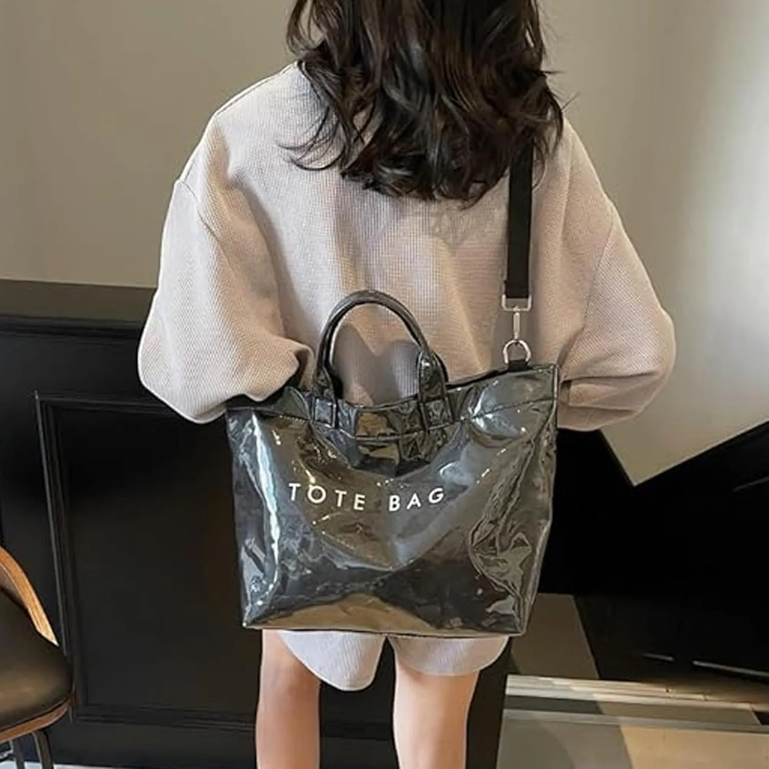 Pvc Tote Bag, Womens Letters Print Tote Bag Large, Work Plastic Letter Print Totes Bags with Shoulder Strap
