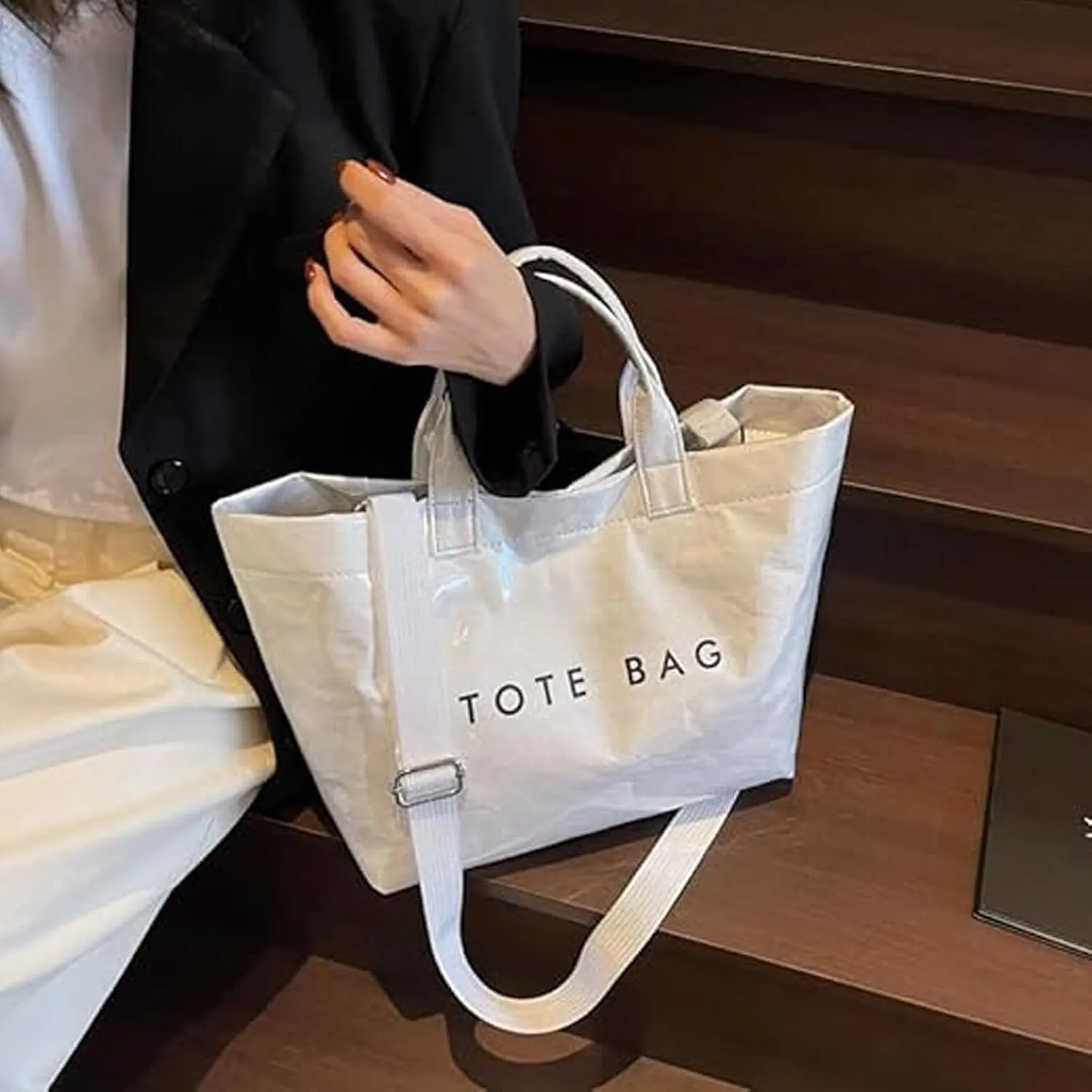 Pvc Tote Bag, Womens Letters Print Tote Bag Large, Work Plastic Letter Print Totes Bags with Shoulder Strap