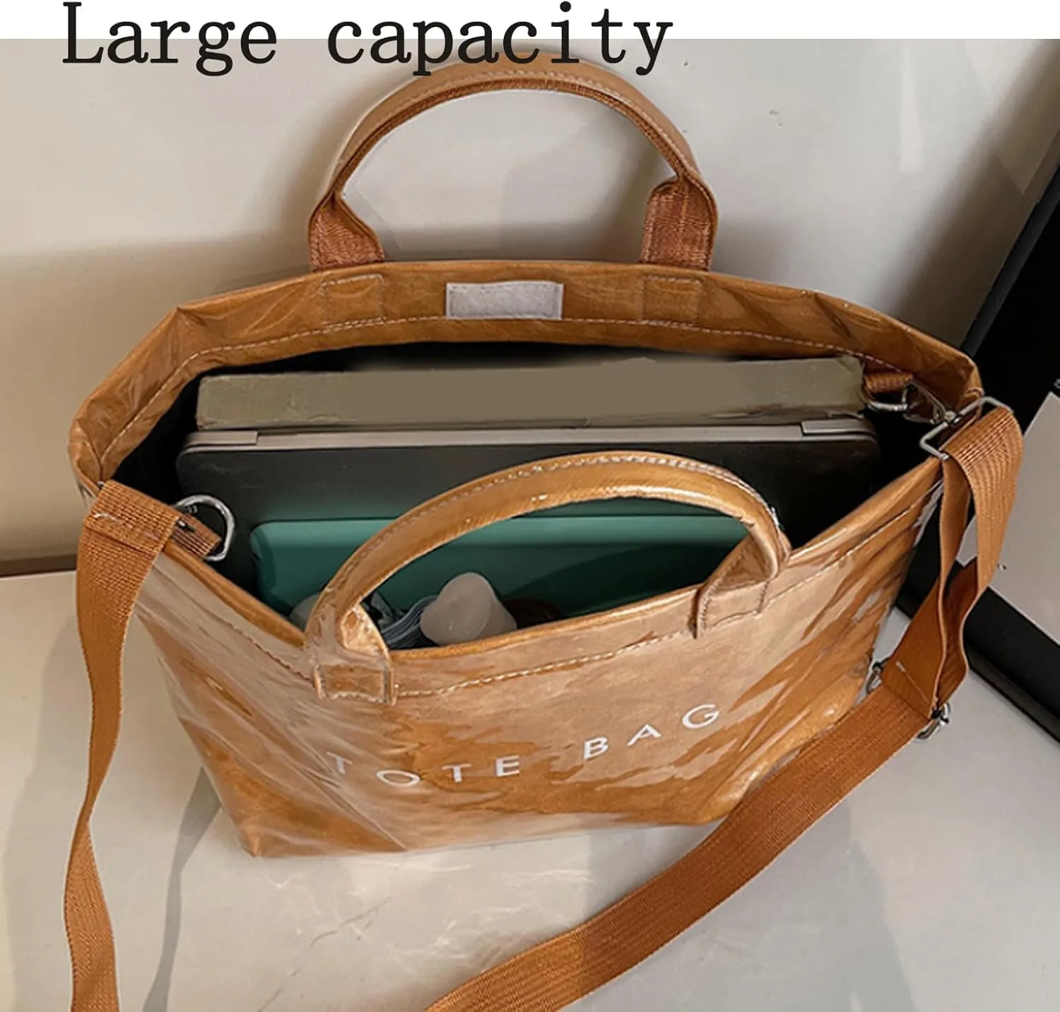 Pvc Tote Bag, Womens Letters Print Tote Bag Large, Work Plastic Letter Print Totes Bags with Shoulder Strap