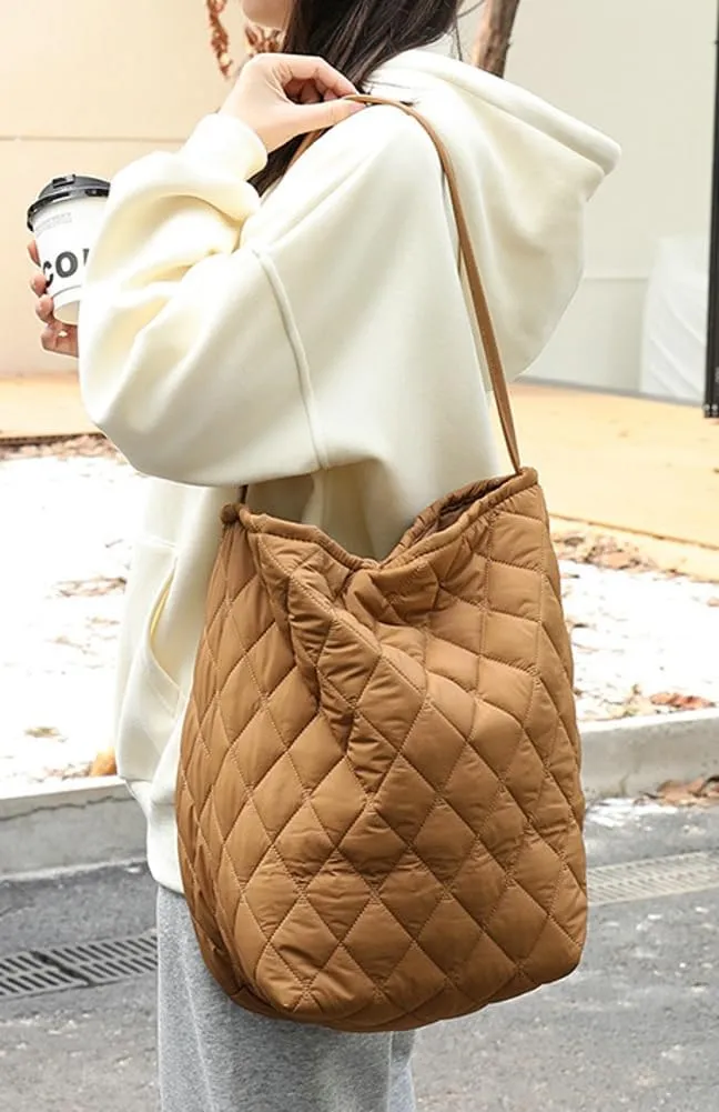 Quilted Bucket Shoulder Bag for Women Large Soft Totes Purse Casual Working Handbag Top-handle Satchel