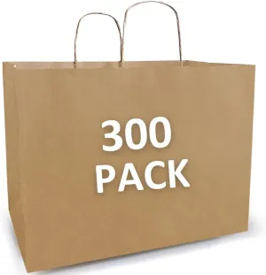 Qutuus Large Kraft Paper Shopping Bags with Handles Bulk - 16x6x12 Inch 300 Pcs Brown Paper Sacks, Kraft Bags for Gift Packaging Small Business Boutiques Retail Stores Grocery Merchandise