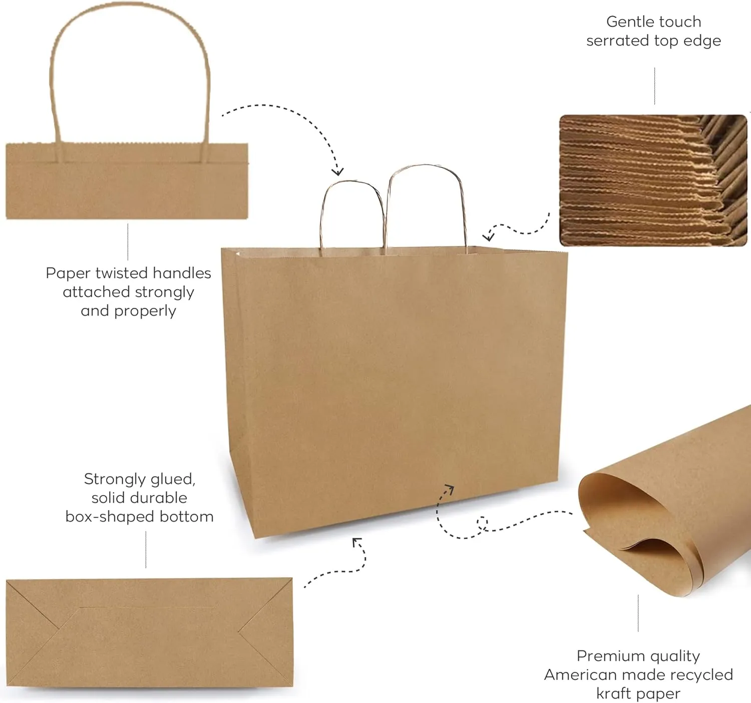 Qutuus Large Kraft Paper Shopping Bags with Handles Bulk - 16x6x12 Inch 300 Pcs Brown Paper Sacks, Kraft Bags for Gift Packaging Small Business Boutiques Retail Stores Grocery Merchandise