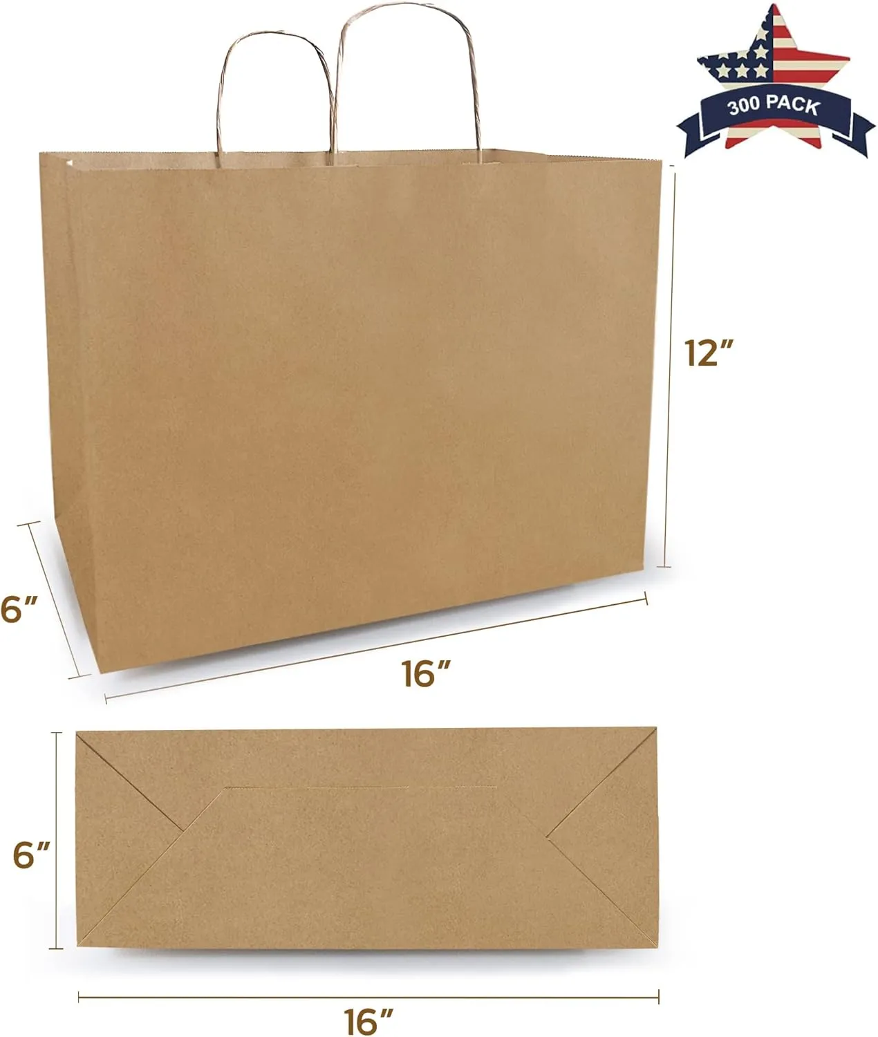 Qutuus Large Kraft Paper Shopping Bags with Handles Bulk - 16x6x12 Inch 300 Pcs Brown Paper Sacks, Kraft Bags for Gift Packaging Small Business Boutiques Retail Stores Grocery Merchandise