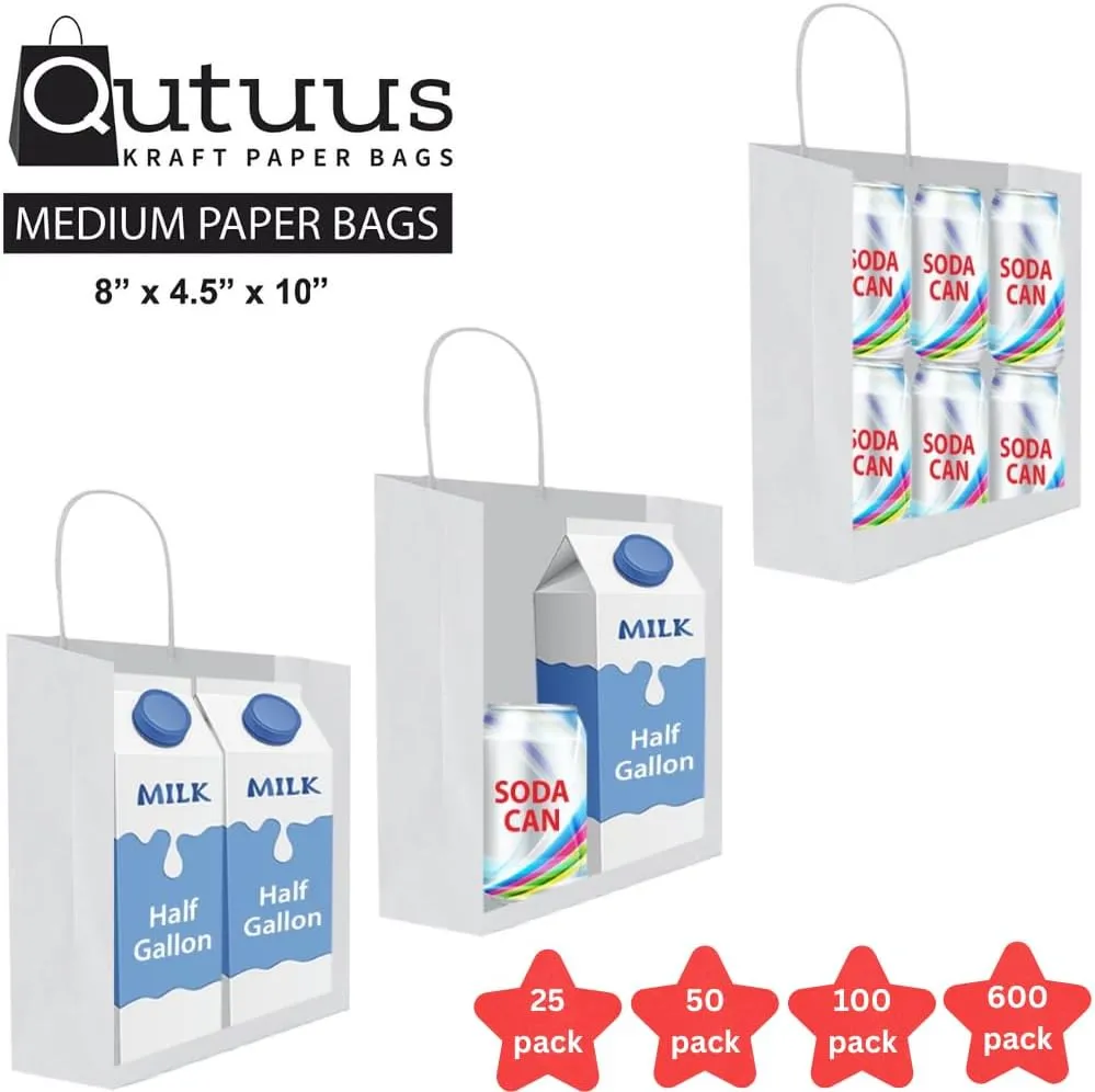 Qutuus White Gift Bags with Handles 25 pcs 8x4.5x10 White Paper Gift Bags, Medium Gift Bags, White Bags for Valentines, White Paper Bags with Handles Bulk