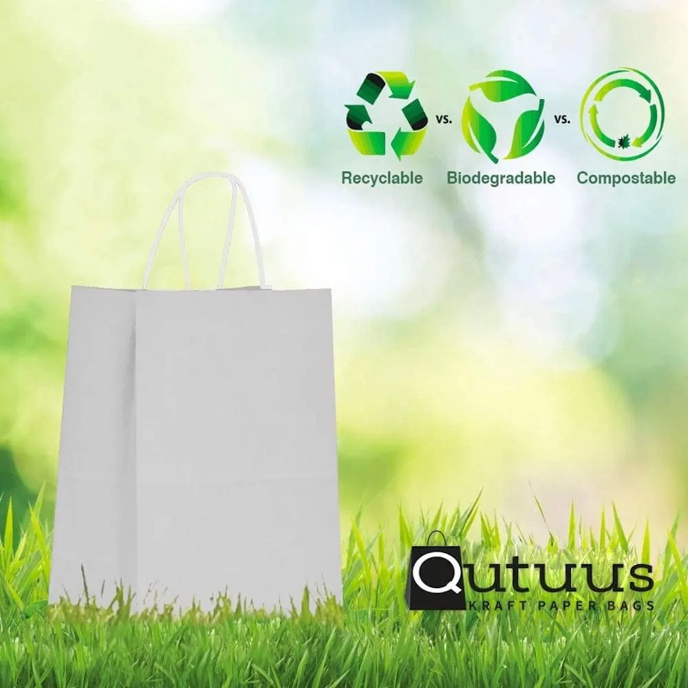 Qutuus White Gift Bags with Handles 25 pcs 8x4.5x10 White Paper Gift Bags, Medium Gift Bags, White Bags for Valentines, White Paper Bags with Handles Bulk