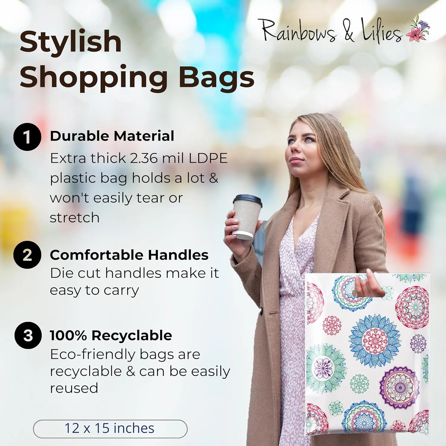 Rainbows & Lilies 100 Mandala Plastic Bags with Handles - 12"W x 15"H Thick Reusable Bulk Bags for Merchandise, Gifts, Products, Small Business, Boutique Retail Shopping, Goodie Party Favors (White)