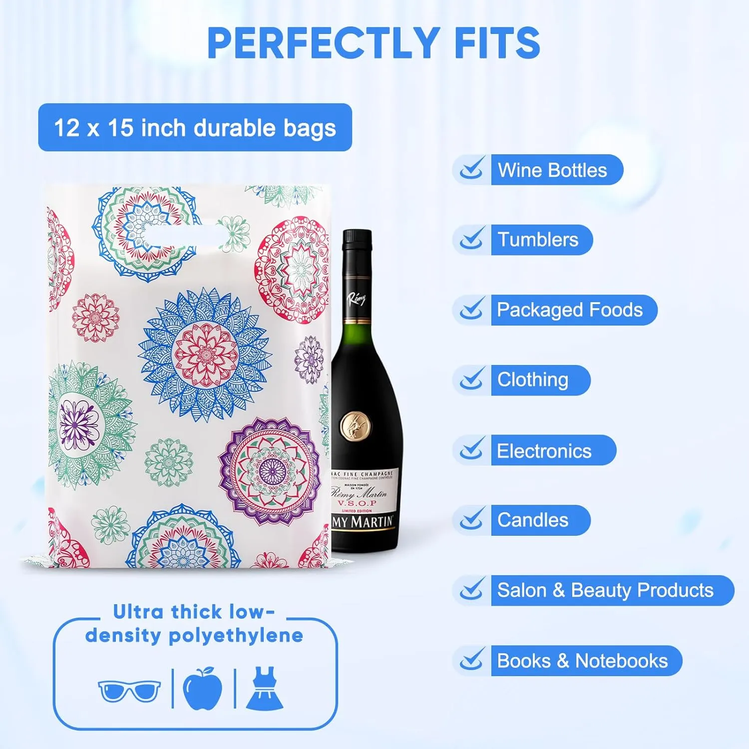 Rainbows & Lilies 100 Mandala Plastic Bags with Handles - 12"W x 15"H Thick Reusable Bulk Bags for Merchandise, Gifts, Products, Small Business, Boutique Retail Shopping, Goodie Party Favors (White)