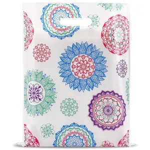 Rainbows & Lilies 100 Mandala Plastic Bags with Handles - 12"W x 15"H Thick Reusable Bulk Bags for Merchandise, Gifts, Products, Small Business, Boutique Retail Shopping, Goodie Party Favors (White)