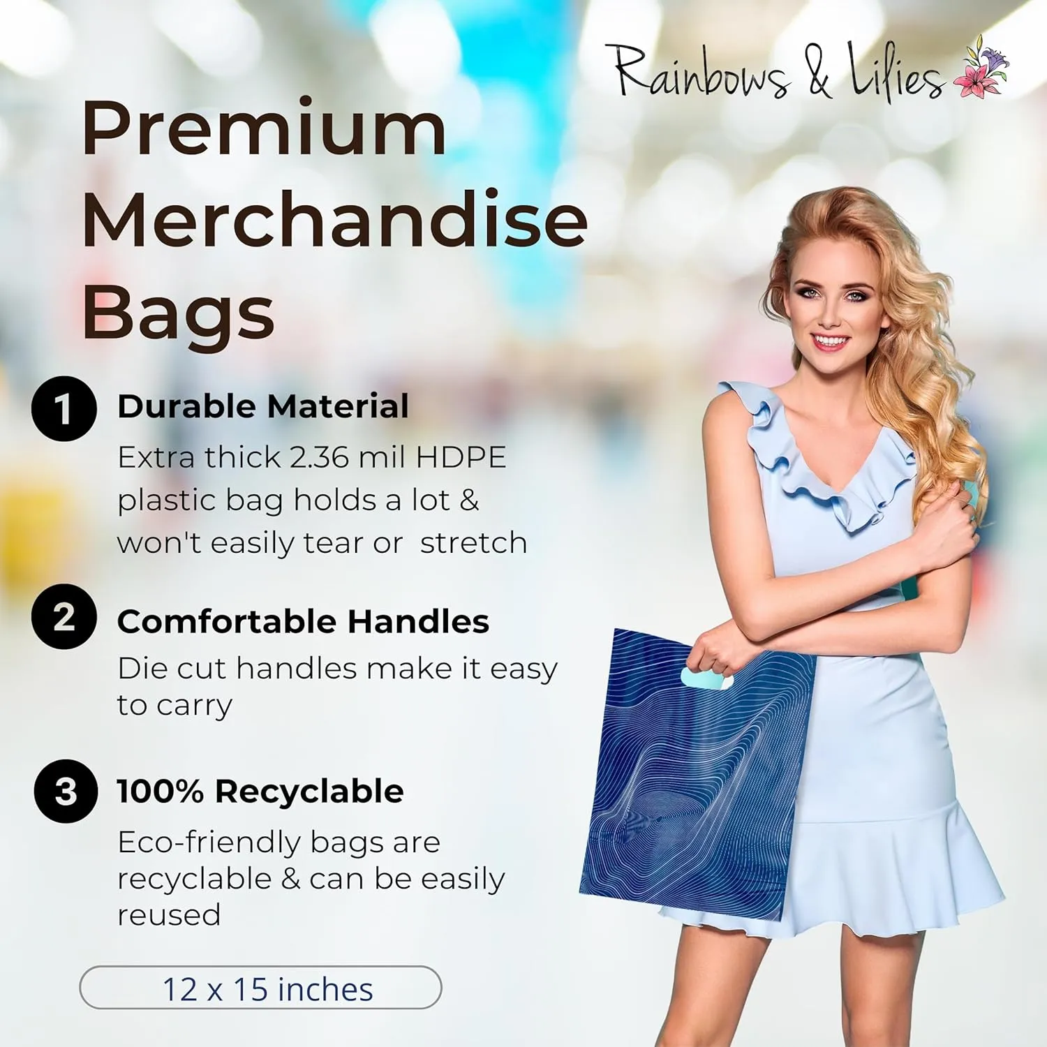 Rainbows & Lilies 100 Plastic Bags with Handles - 12"W x 15"H Thick Reusable Bulk Bags for Merchandise, T-Shirts, Gifts, Products, Small Business, Boutique Retail Shopping, Goodie Party Favors (Blue)