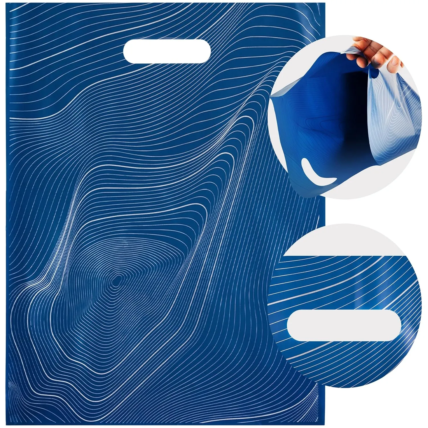 Rainbows & Lilies 100 Plastic Bags with Handles - 12"W x 15"H Thick Reusable Bulk Bags for Merchandise, T-Shirts, Gifts, Products, Small Business, Boutique Retail Shopping, Goodie Party Favors (Blue)
