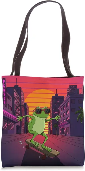 Retro Frog on a Skateboard in the City Sunset Tote Bag