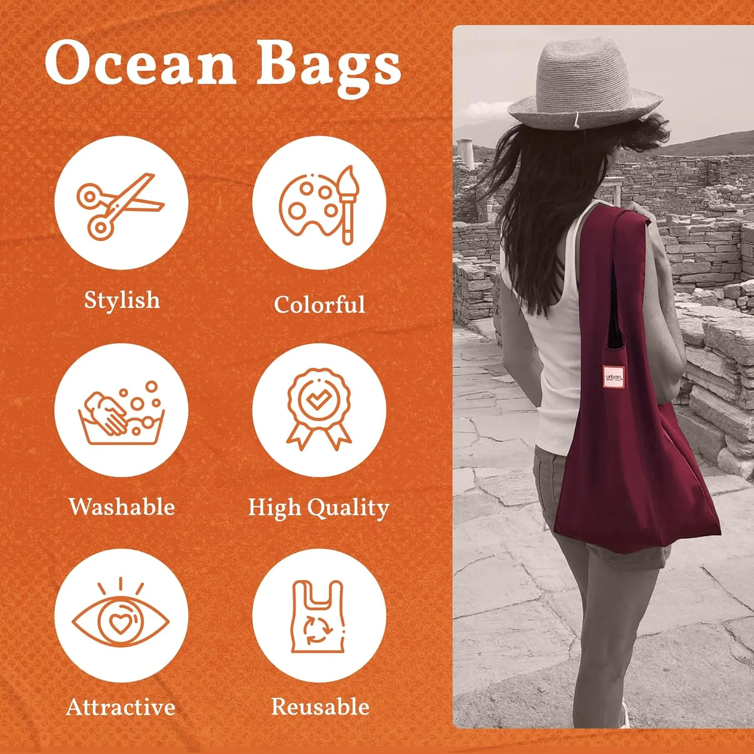 Reusable Shopping Bags, Large Nylon Foldable Grocery Bags with Comfortable Handles, Machine-Washable Grocery Totes in a Compact Pack, Ocean, Set of 3