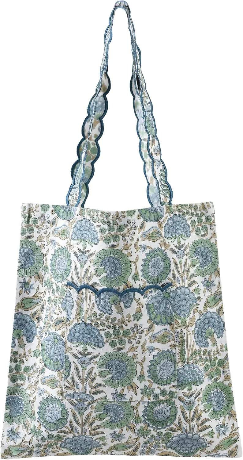 Ridhi Asparagus Green Floral Hand Block Print Canvas Grocery Bags Bulk 15X16 inch Reusable Shopping Bags Foldable for Groceries Vegetables Fruits Watertight Bulk Tote Bags Washable For Women Men