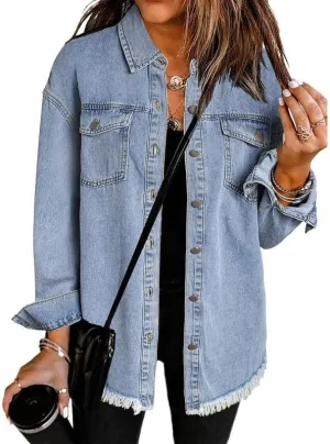 RONGTAI Stylish Women's Distressed Denim Jacket Oversized Long Sleeve Shirt Design for Trendy & Comfort Seeking Fashionistas