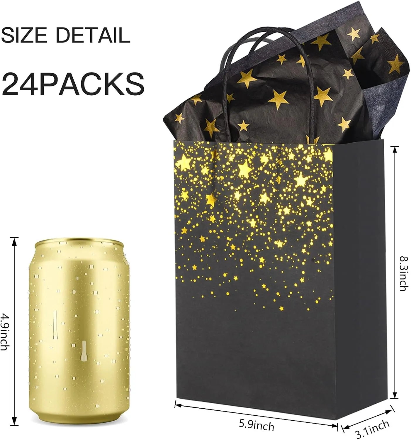 Sharlity Small Black Gold Gift Bags 24pcs Party Paper Bags with Star Tissue Paper for HalloweenNew Year, Birthday, Wedding, Bridal, Baby Shower, Black and Gold Party Supplies (8.3 x 5.9 x 3.1inch)