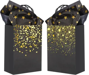 Sharlity Small Black Gold Gift Bags 24pcs Party Paper Bags with Star Tissue Paper for HalloweenNew Year, Birthday, Wedding, Bridal, Baby Shower, Black and Gold Party Supplies (8.3 x 5.9 x 3.1inch)