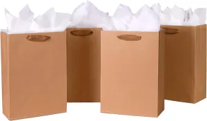 SHIPKEY 10pcs Kraft Paper Bags 8x4x11 Inches, Brown With Tissue Paper, Shopping, Retail, Gift With Soft Cloth Handles