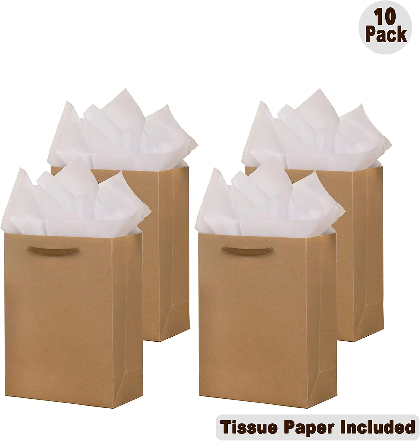 SHIPKEY 10pcs Kraft Paper Bags 8x4x11 Inches, Brown With Tissue Paper, Shopping, Retail, Gift With Soft Cloth Handles