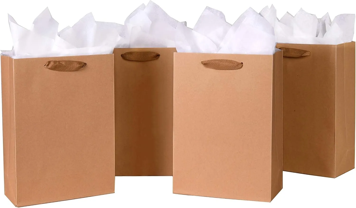 SHIPKEY 10pcs Kraft Paper Bags 8x4x11 Inches, Brown With Tissue Paper, Shopping, Retail, Gift With Soft Cloth Handles