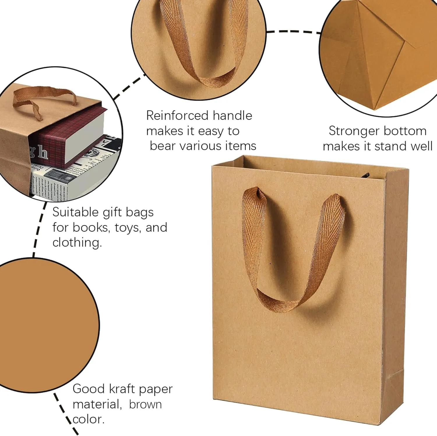 SHIPKEY 10pcs Kraft Paper Bags 8x4x11 Inches, Brown With Tissue Paper, Shopping, Retail, Gift With Soft Cloth Handles