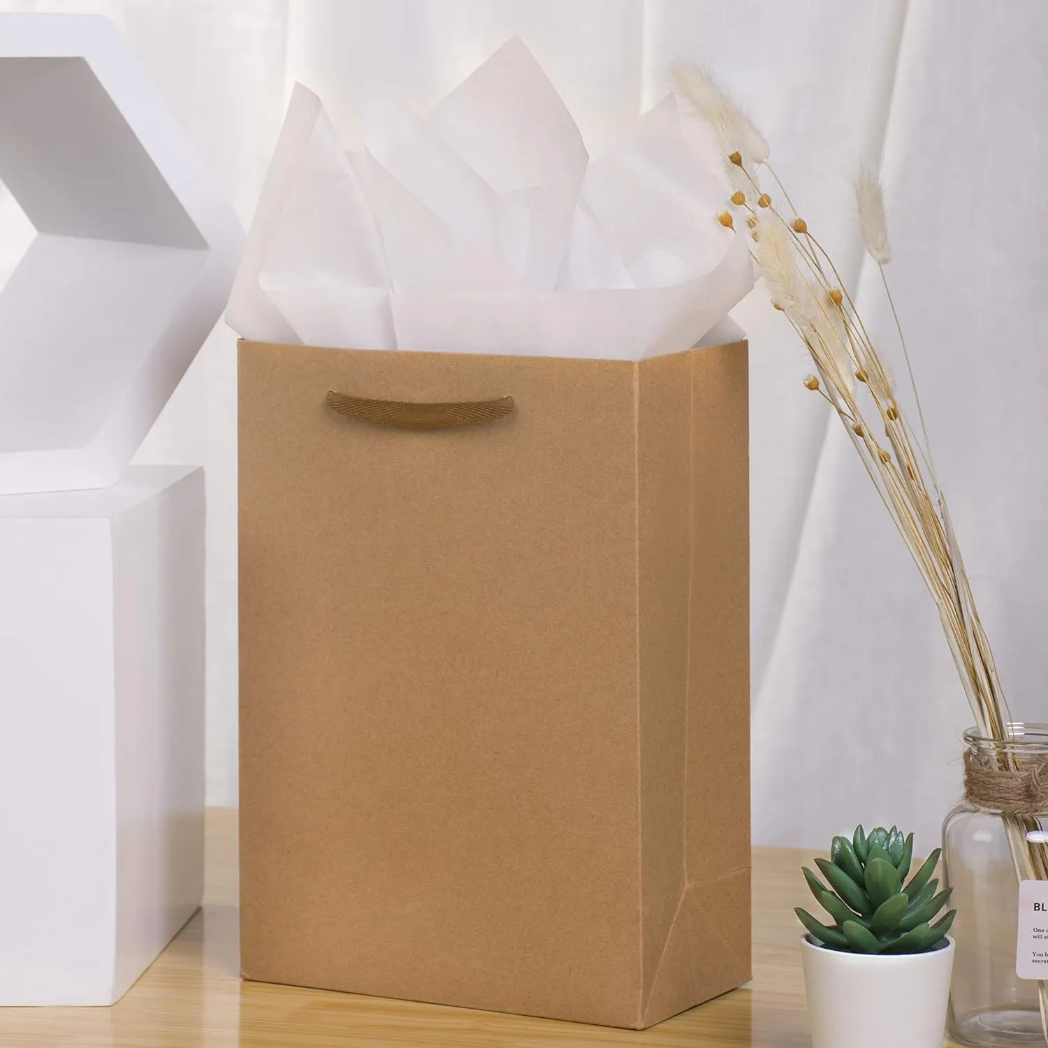 SHIPKEY 10pcs Kraft Paper Bags 8x4x11 Inches, Brown With Tissue Paper, Shopping, Retail, Gift With Soft Cloth Handles