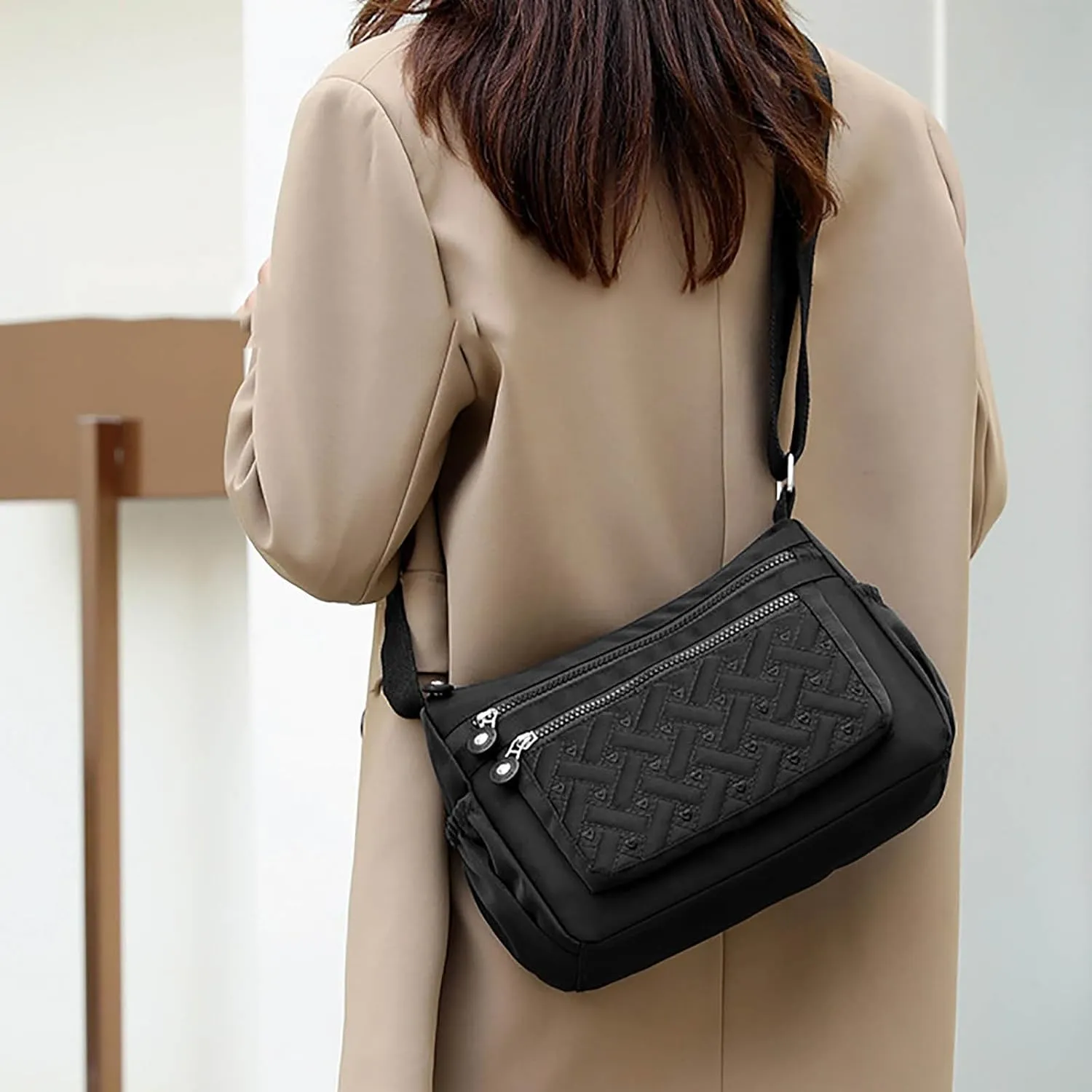 Single Shoulder Women's Bag New Nylon Embroidery Line Bag Canvas Lady's Body Cloth Bags Large Capacity (Black, One Size)