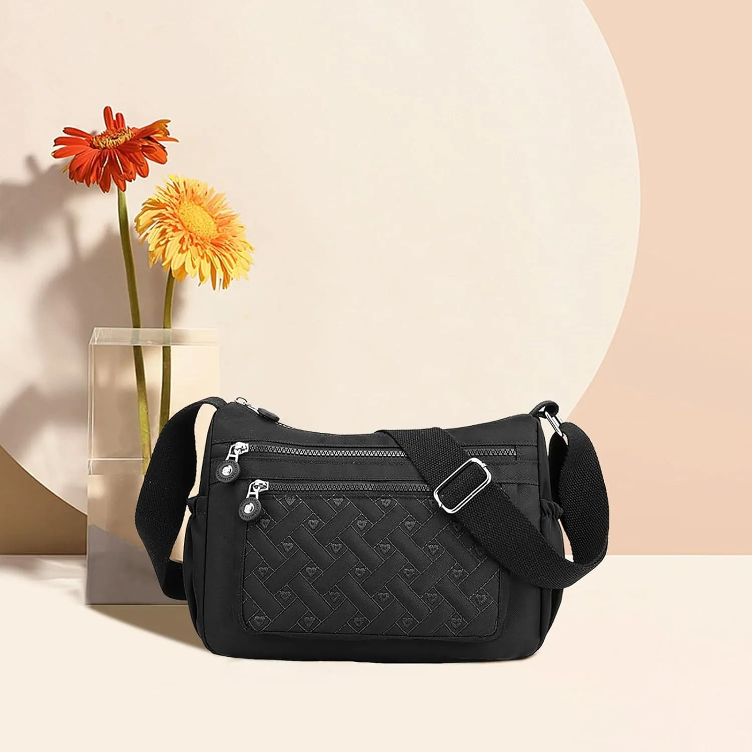 Single Shoulder Women's Bag New Nylon Embroidery Line Bag Canvas Lady's Body Cloth Bags Large Capacity (Black, One Size)