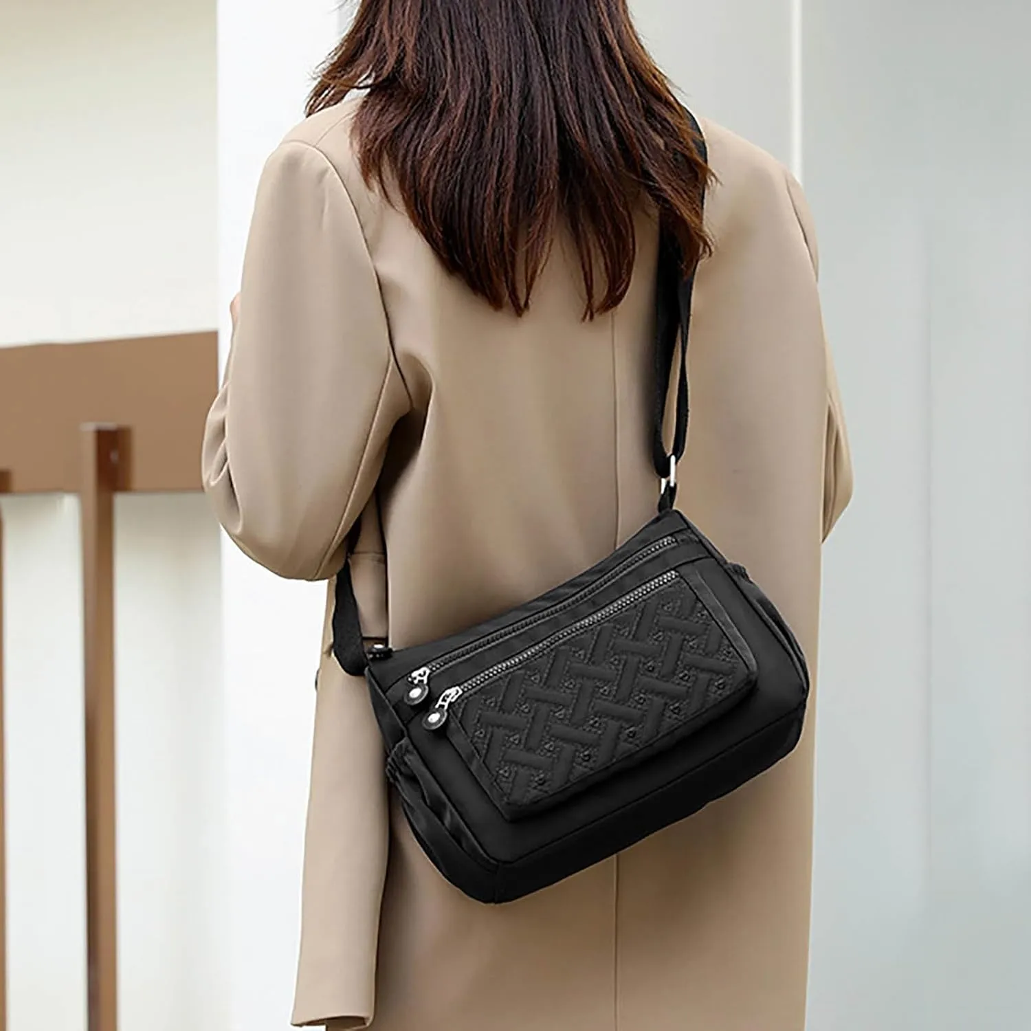Single Shoulder Women's Bag New Nylon Embroidery Line Bag Canvas Lady's Body Cloth Bags Large Capacity (Black, One Size)