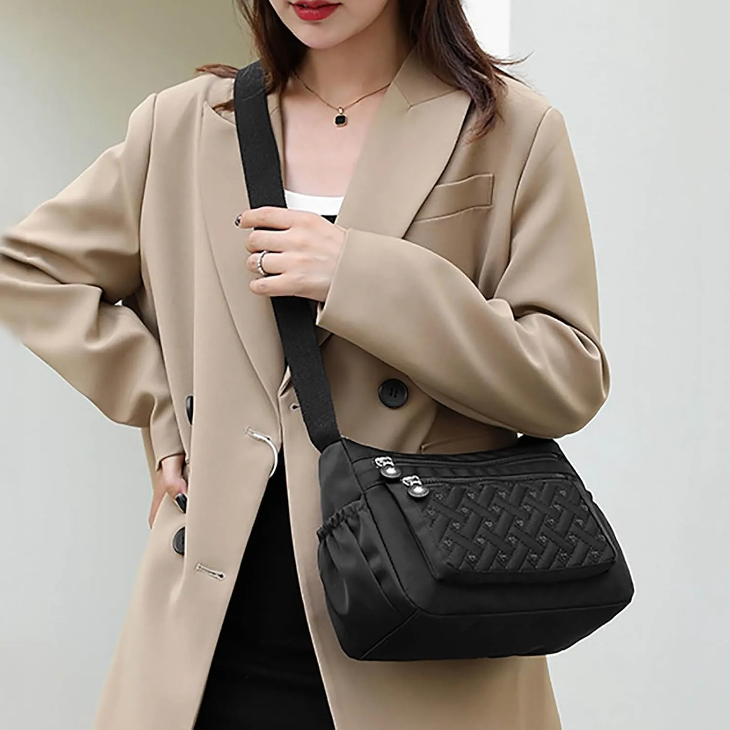 Single Shoulder Women's Bag New Nylon Embroidery Line Bag Canvas Lady's Body Cloth Bags Large Capacity (Black, One Size)