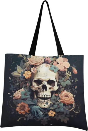 Skull Gothic Pink Flower Tote Bag for Women Girl Canvas Shoulder Handbags Reusable Grocery Bags Large Purse with Inner Pocket 214a5846