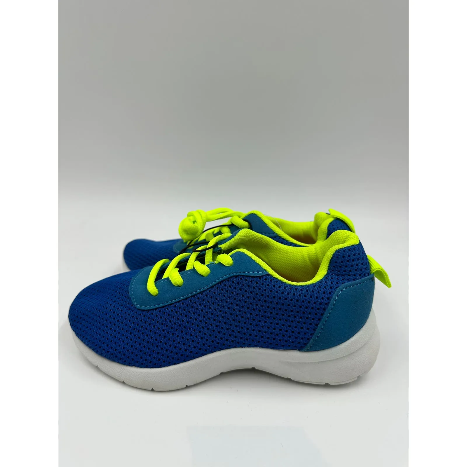 Small Kid Size 12, Blue and Neon Trim Sneakers, Neon Laces, White Sole