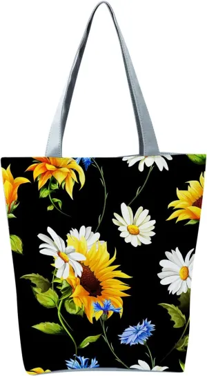 Small Purse Cute Tote Handbag Women's Slouchy Large Capacity Zippered Sunflower Printed Shoulder Bag