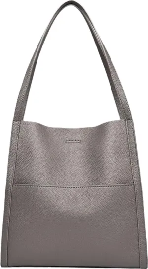 Solid Color Simple Genuine Leather Shoulder Bag, Genuine Leather Bucket Tote Bag, Women Large Capacity Totes Crossbody Bag