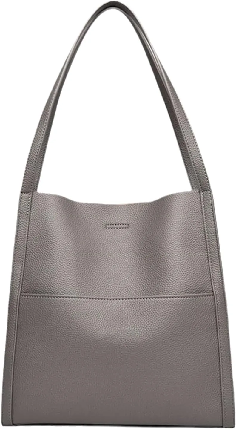 Solid Color Simple Genuine Leather Shoulder Bag, Genuine Leather Bucket Tote Bag, Women Large Capacity Totes Crossbody Bag